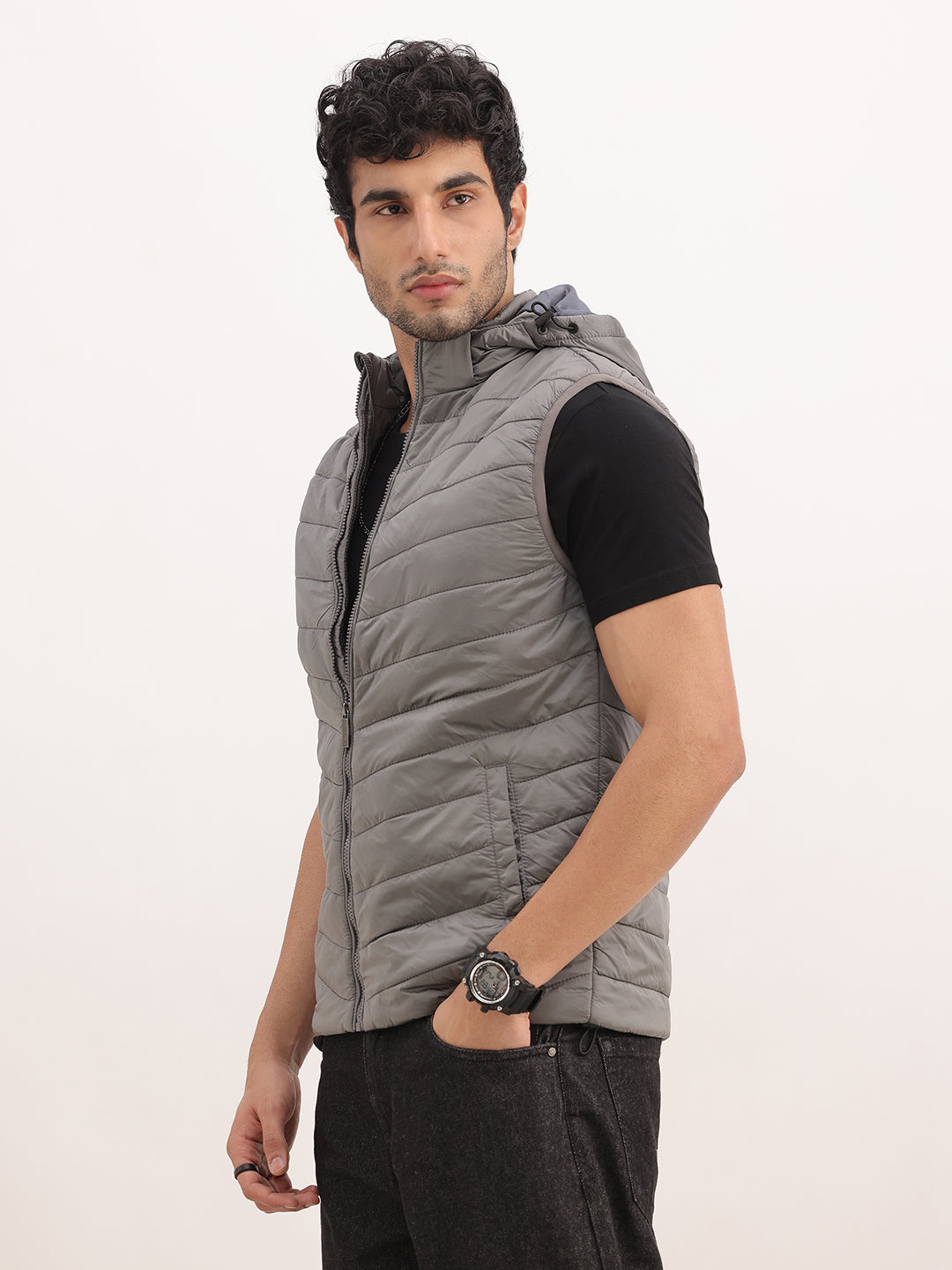 Slim Fit Cut Off Sleeve Hooded Puffer Jacker | Silver
