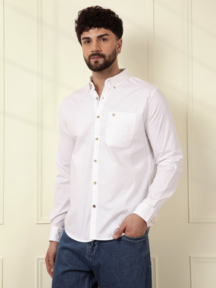 Solid Cotton Blend Stretch Shirt | White