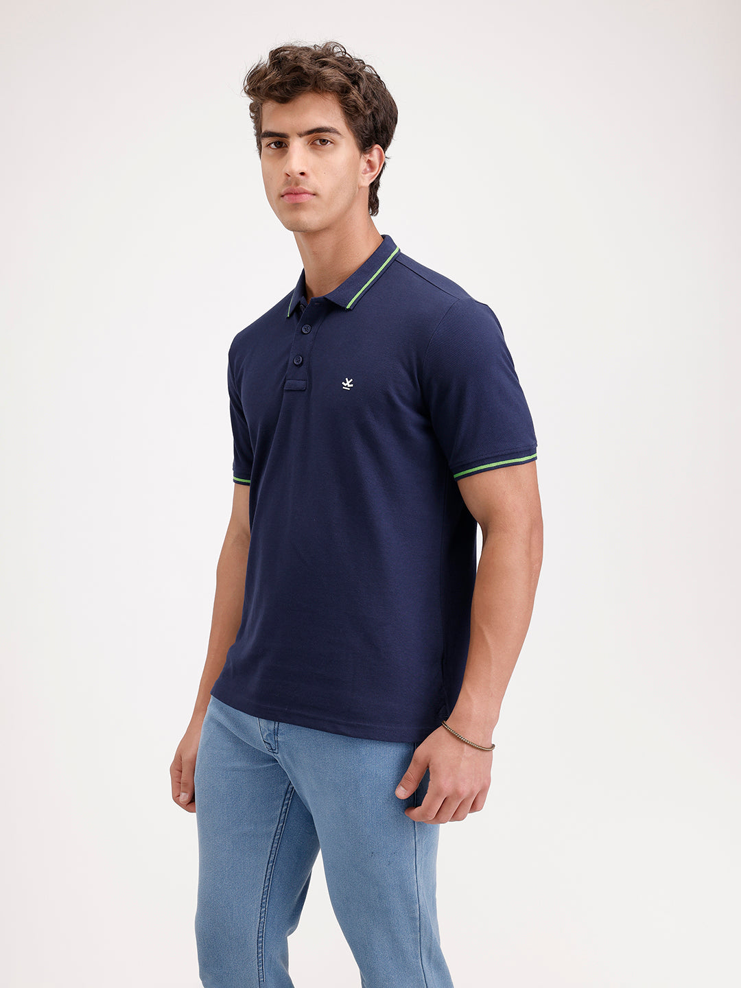 Solid Slim Fit Tipping Collar Polo T-Shirt  | Navy Blue
