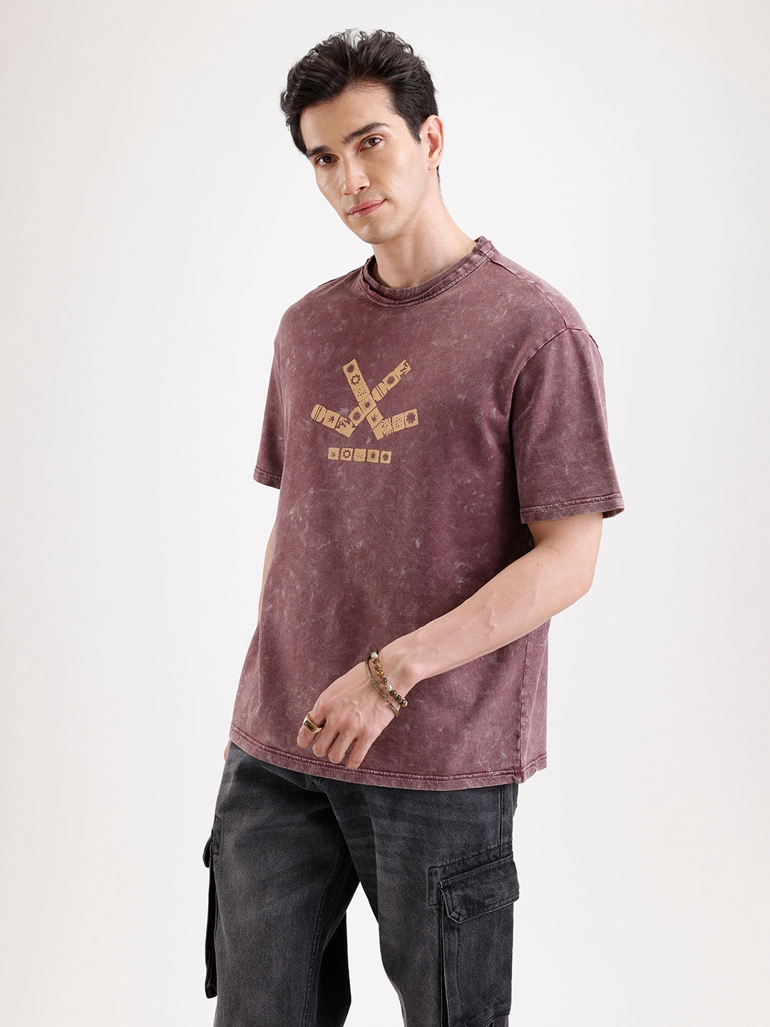Washed Placement Printed Oversized T-Shirt   |  Maroon
