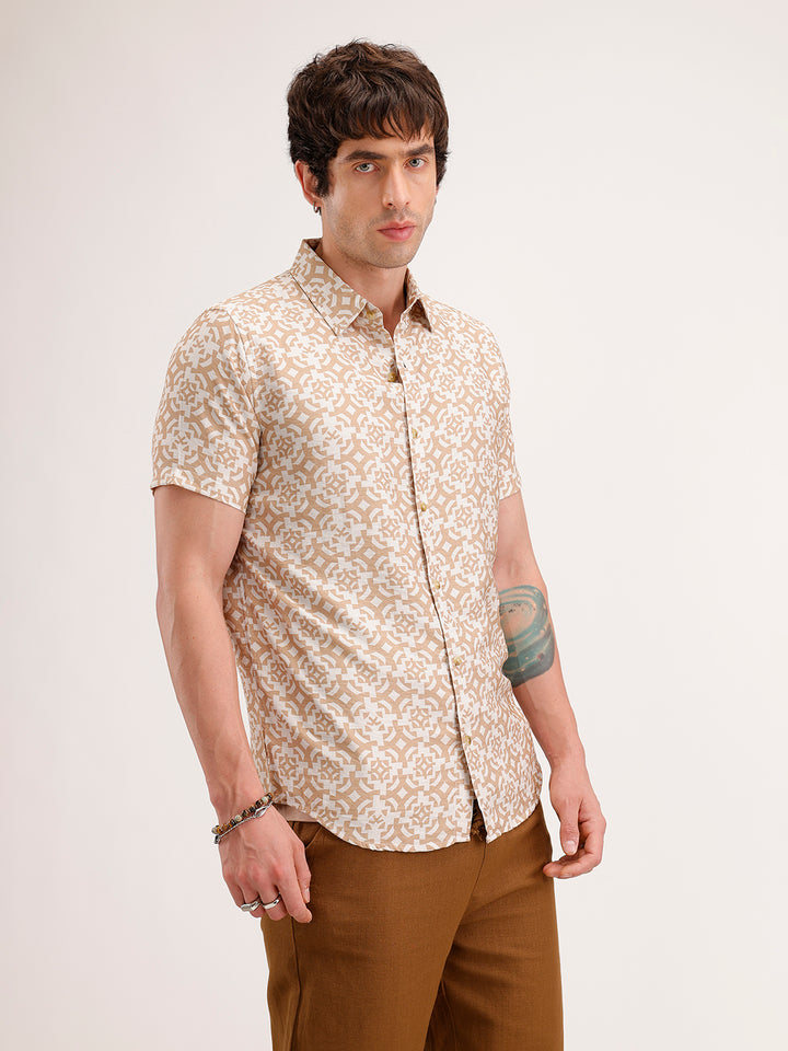 Slim Fit AOP Half Sleeve Shirt | Beige
