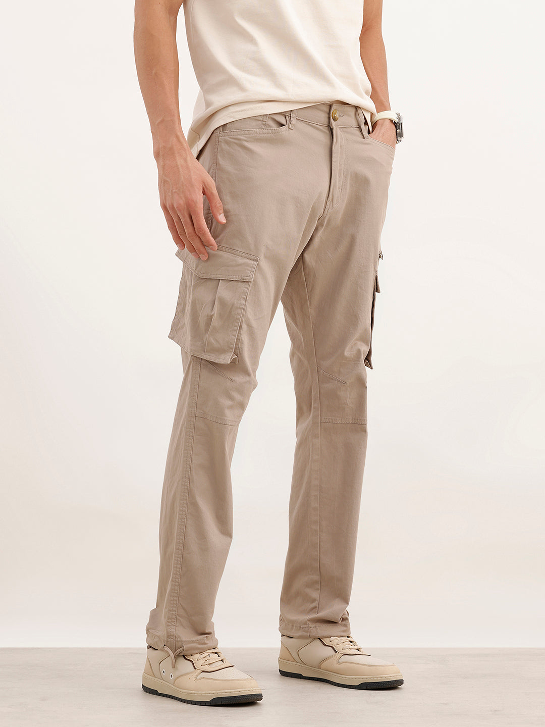 Solid Straight Fit Cargo Trouser | Khaki