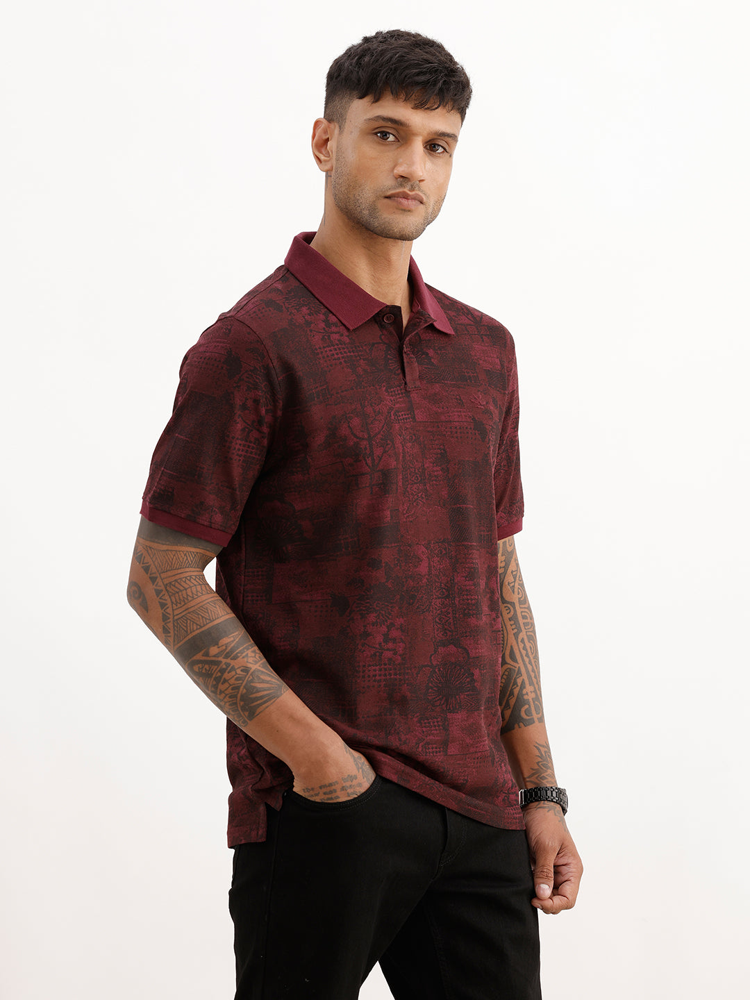 Slim Fit AOP Polo T-Shirt | Wine