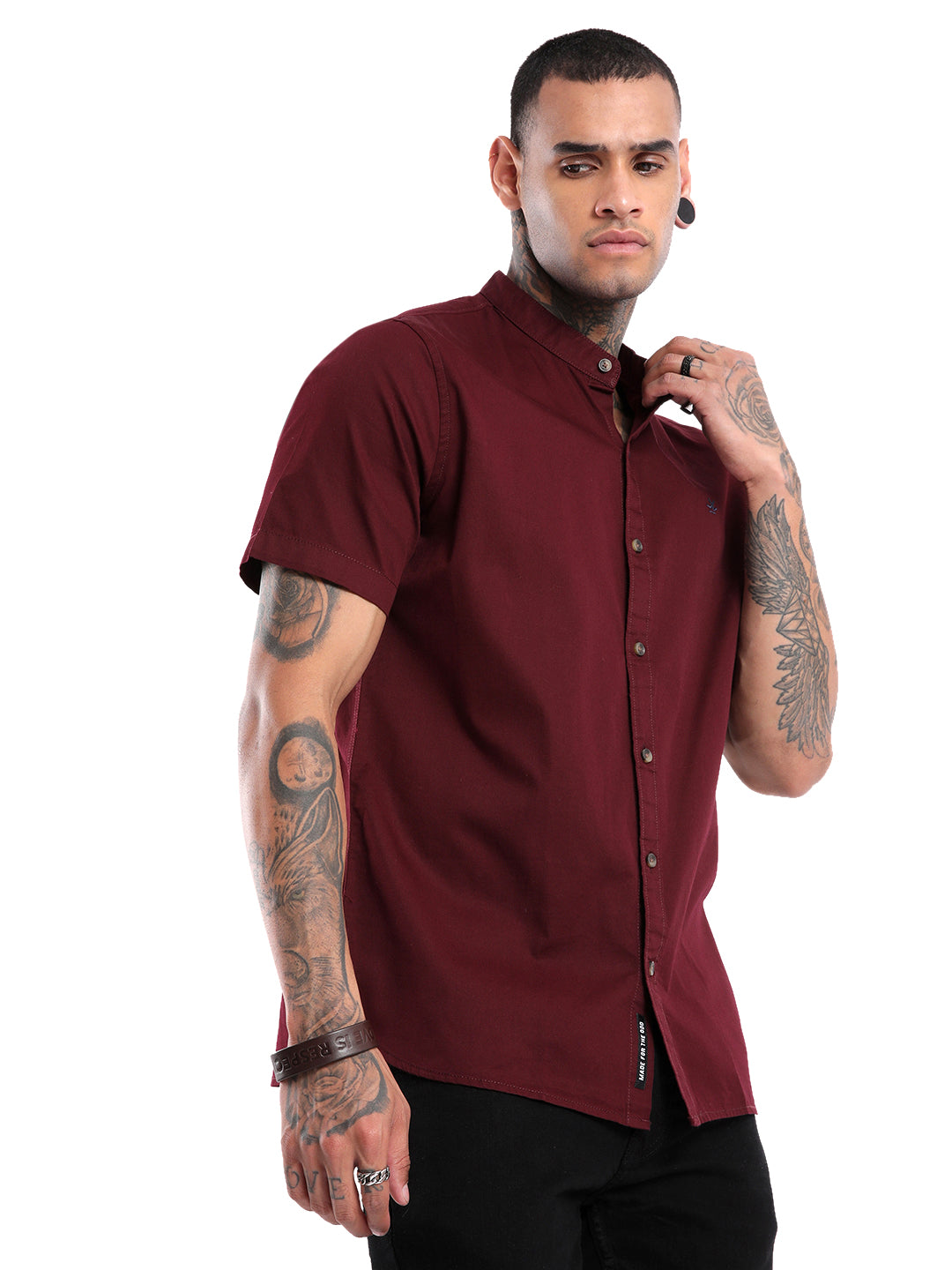 Classic Maroon Mandrin Collar Shirt