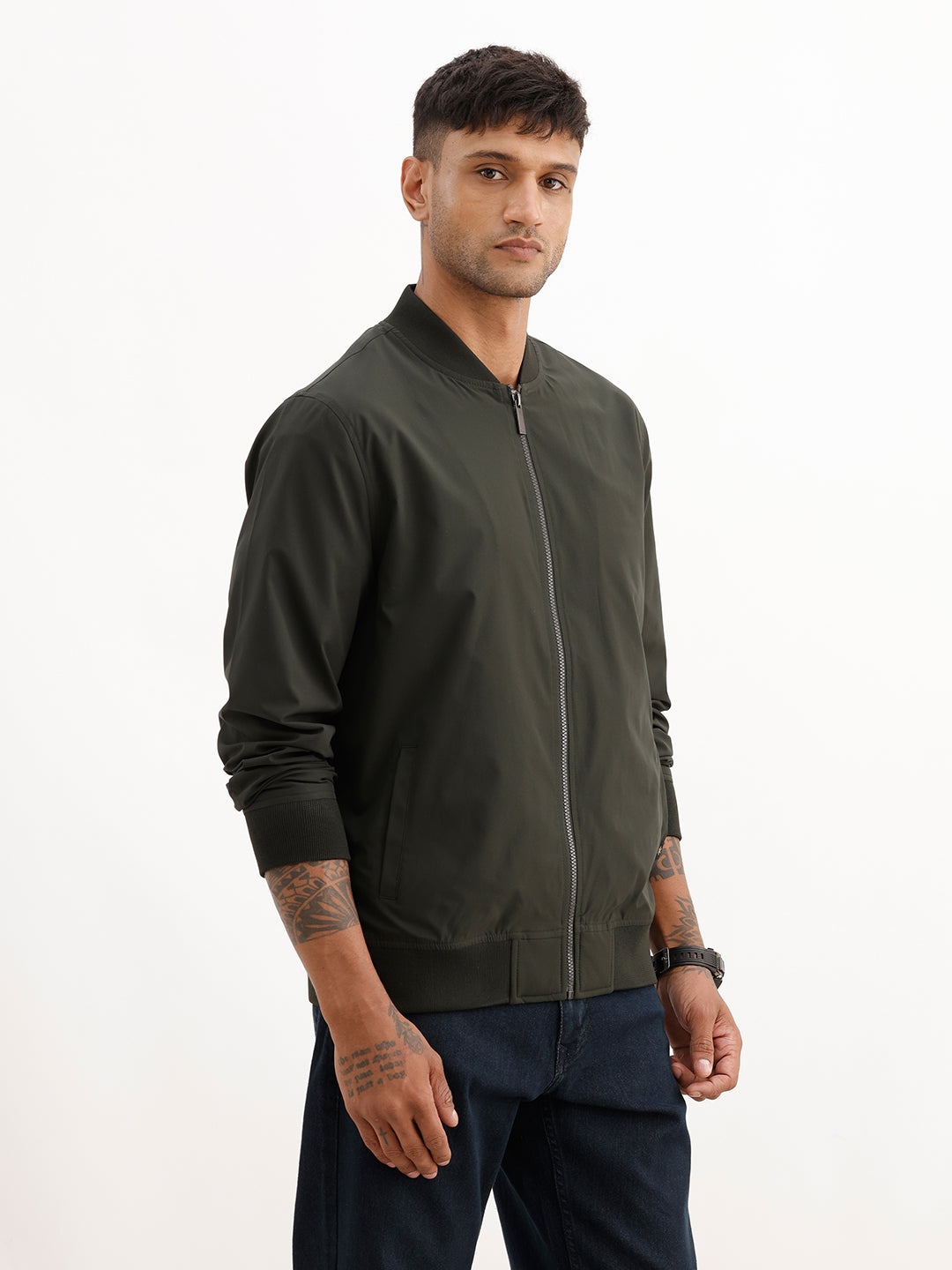 Solid Regular Fit Zipper Jacket | Olive