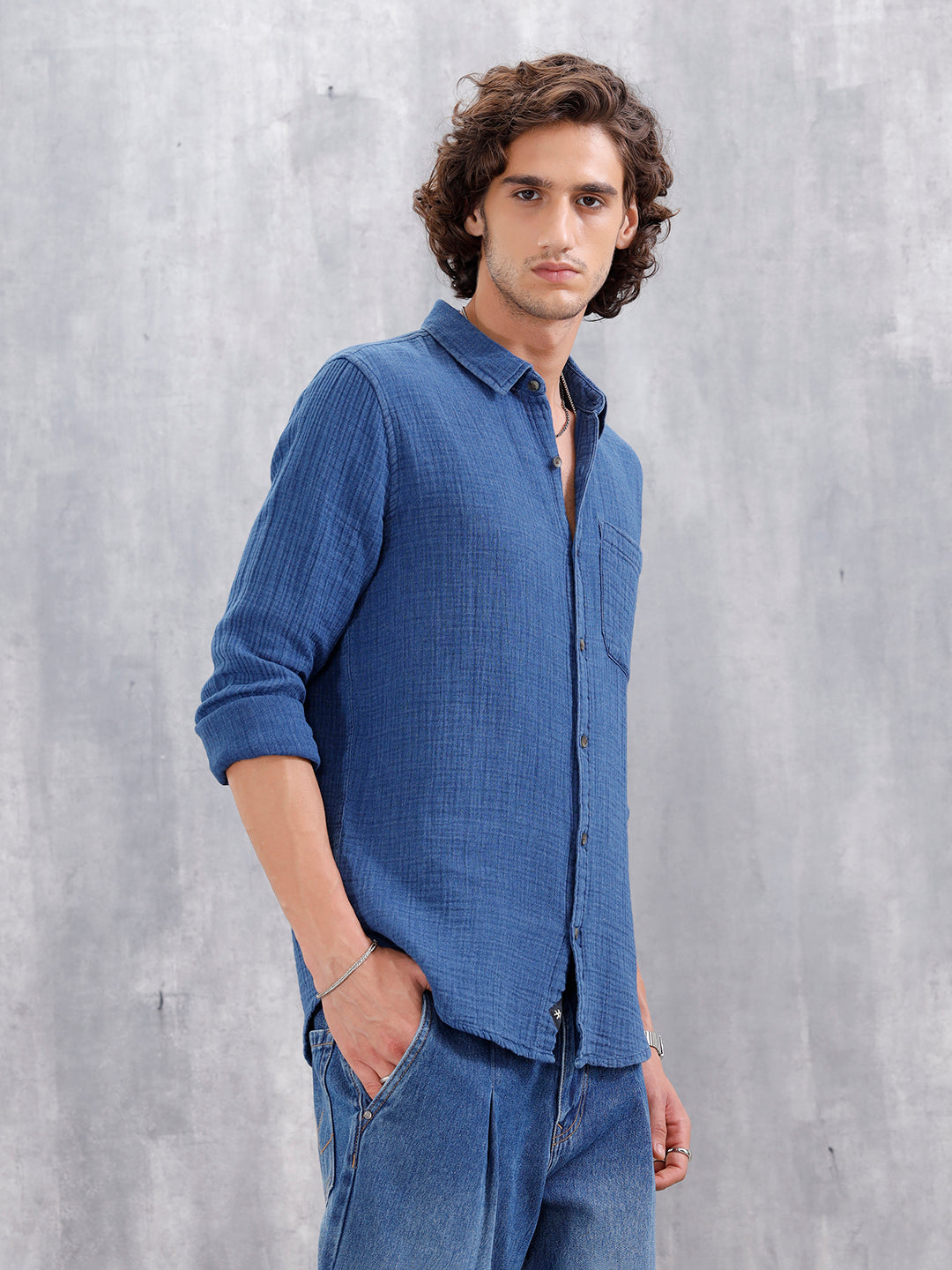 Indigo Double Cloth Slim Fit Shirt In Medium Wash | Blue