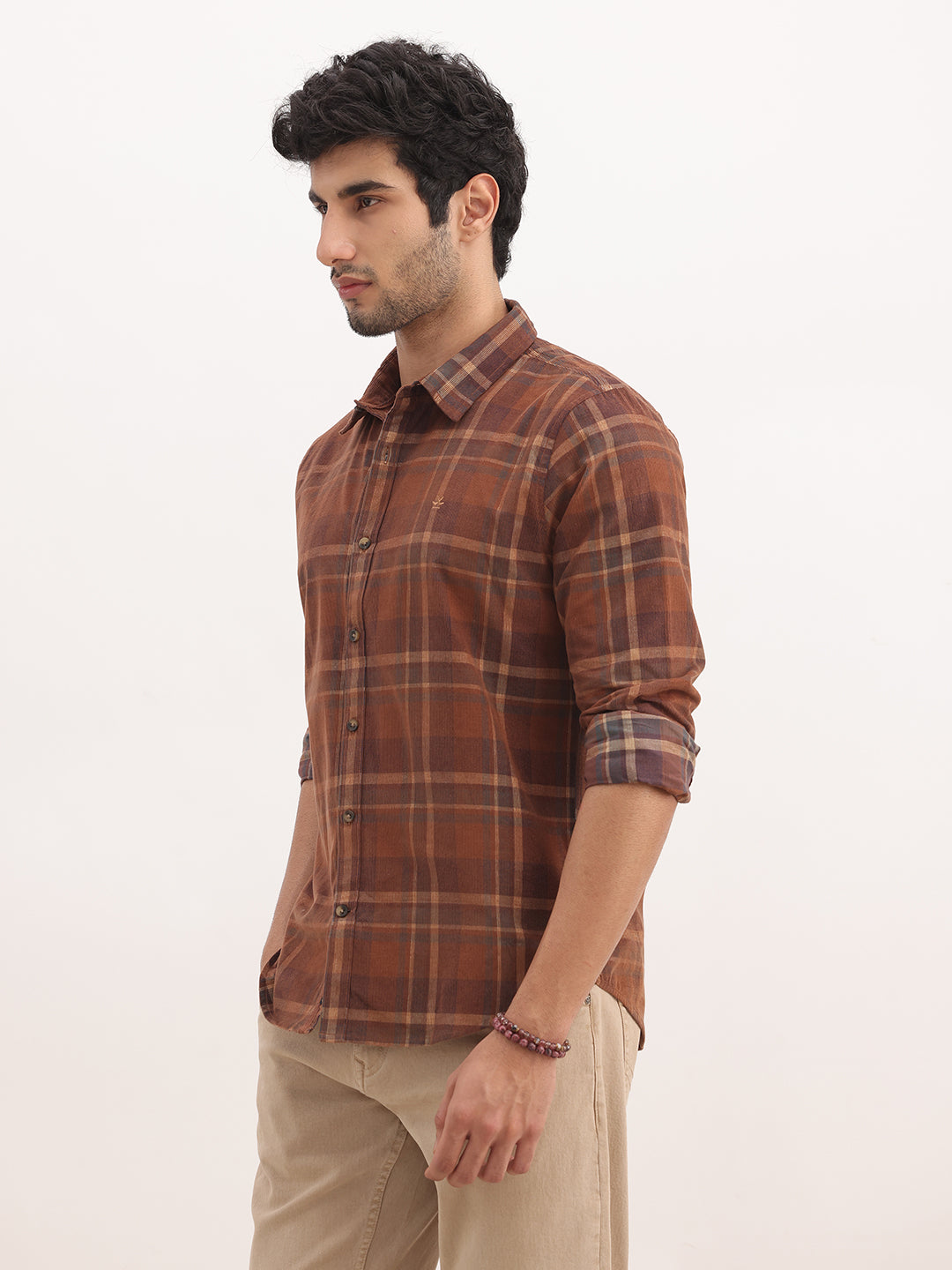 Slim Fit Checkered Corduroy Shirt | Brown