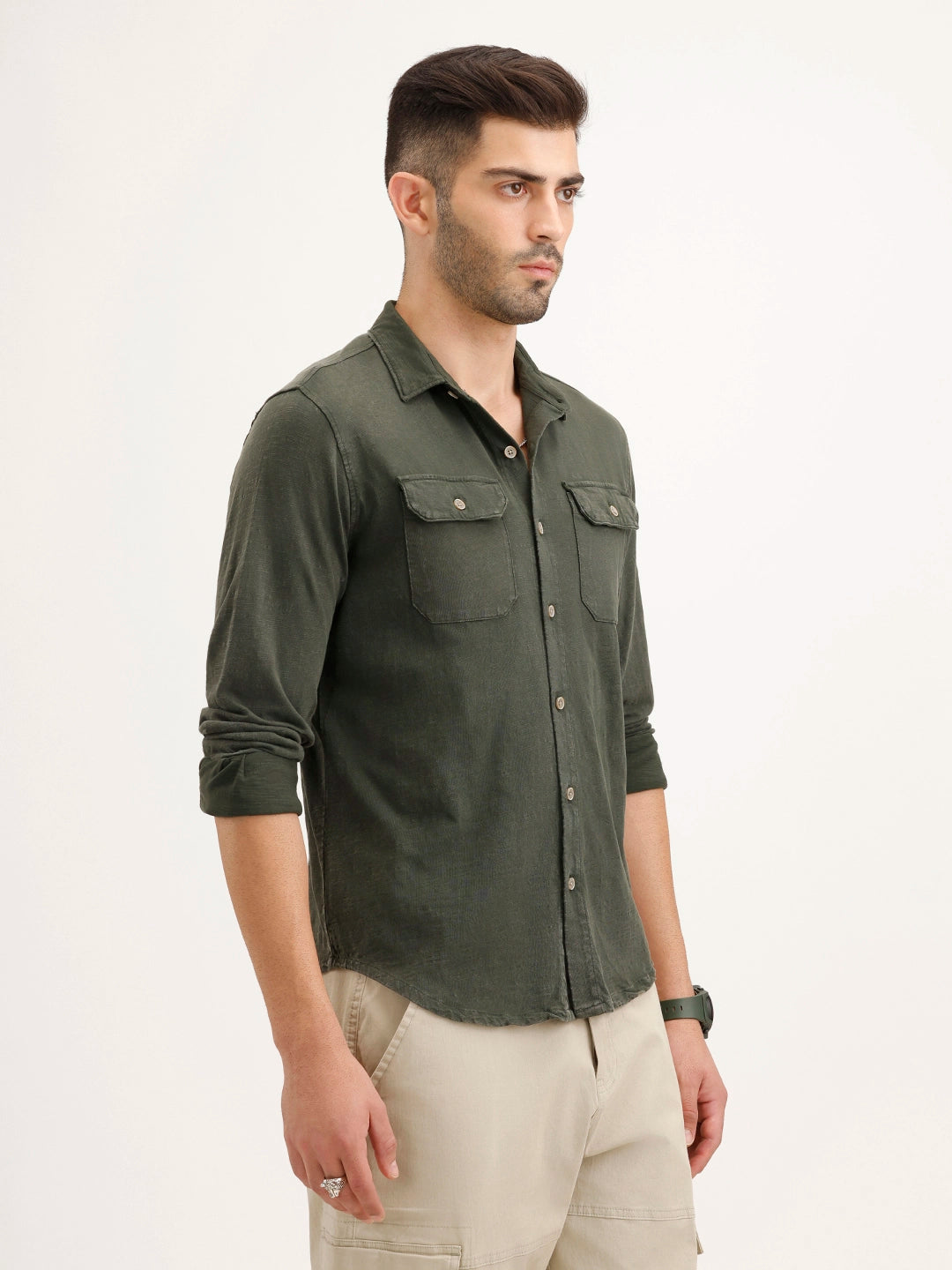Washed Slim Fit Double Pocket Shirt | Olive