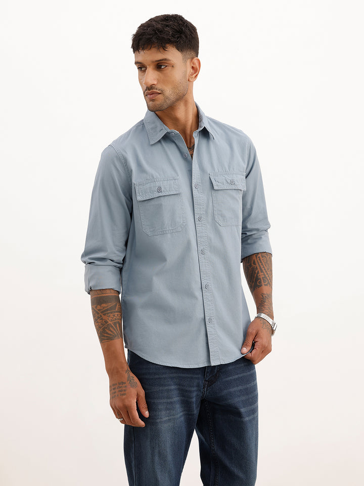 Classic Slim Fit Double Pocket Shirt | Light Blue