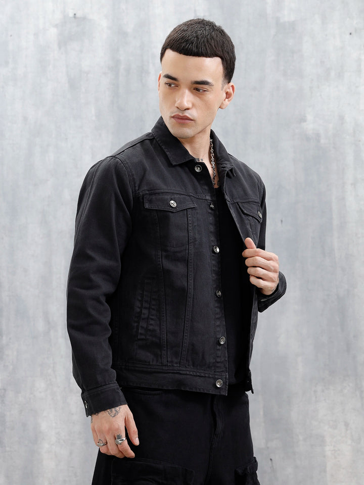 Wrogn Men's Solid Casual Denim Jacket | Black