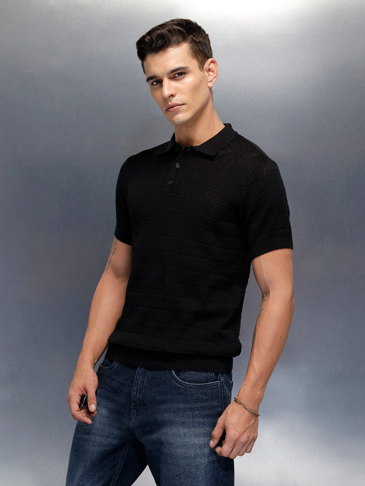 Textured Knit slim fit Polo T-shirt | Black