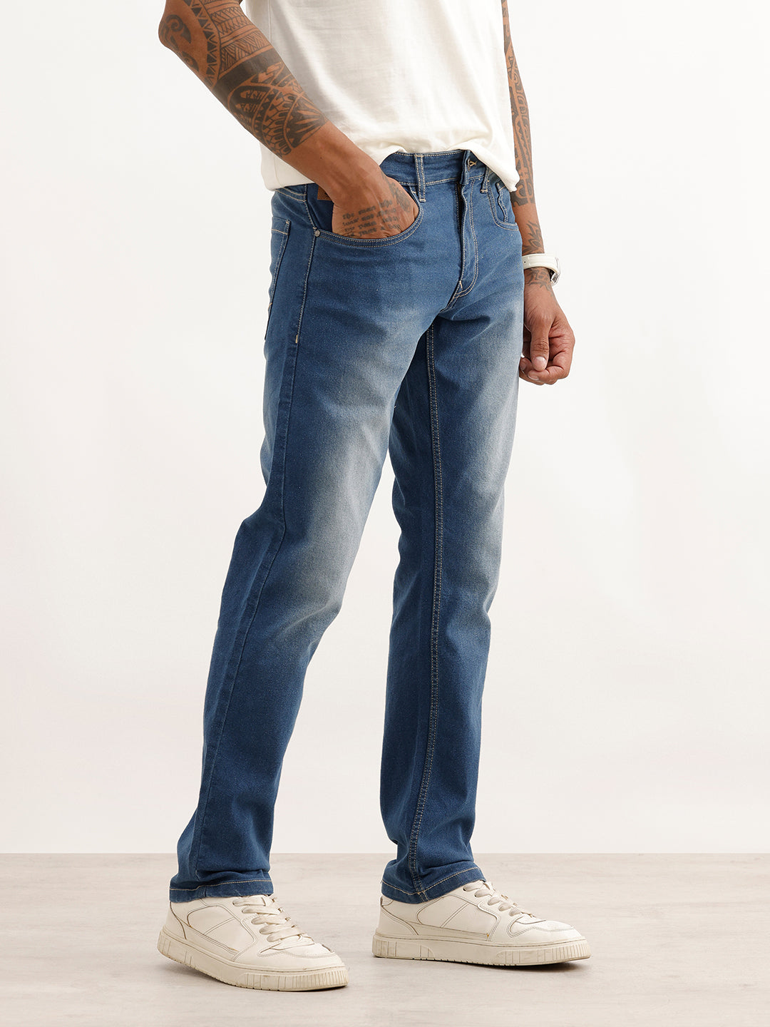 Faded Straight Fit Denim Jeans | Blue