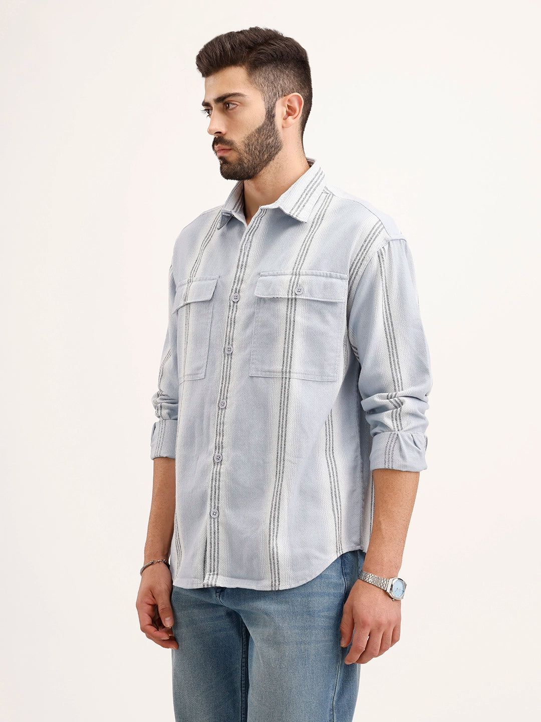 Textured Oversized Double Pocket Shirt | Blue