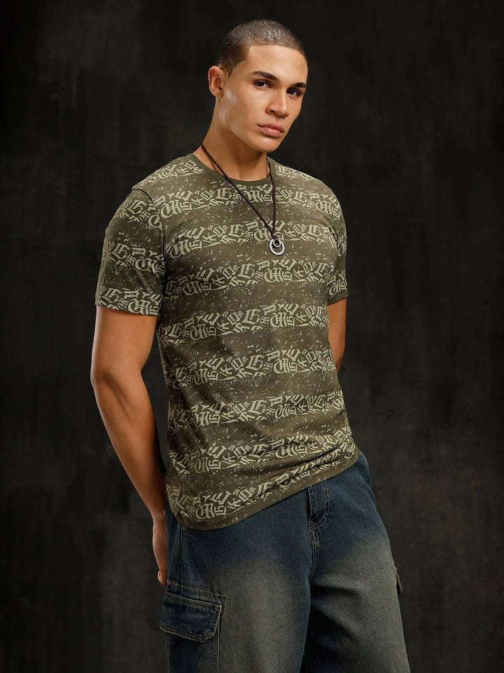 Ancient Script Striped AOP T-Shirt | Olive