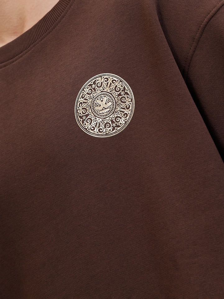 3D Gold Foil Printed Crew Pullover Sweat In Comfort Fit  |  Brown