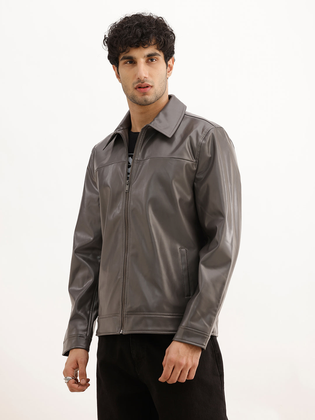 Solid Slim Fit Zipper Jacket | Charcoal