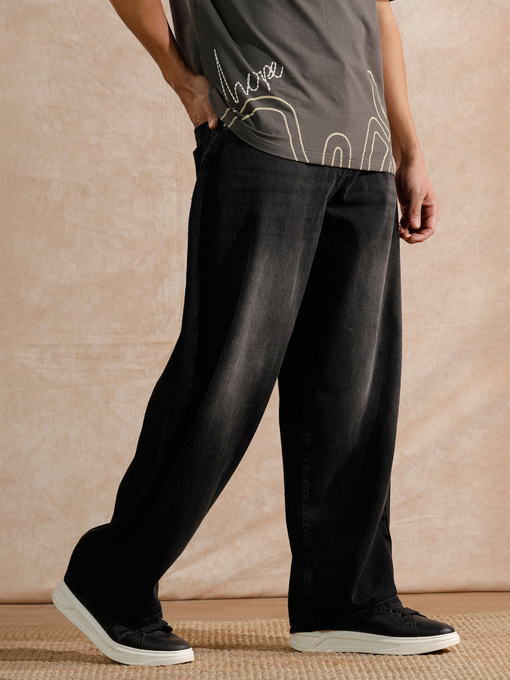 Casual Heavy Fade Baggy Fit Jeans | Dark Grey