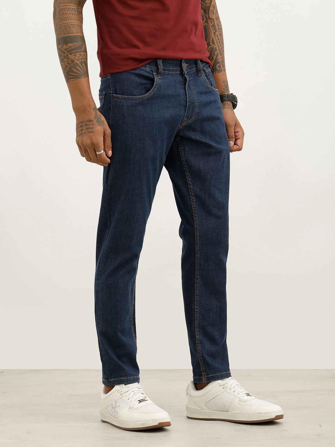 Solid Slim Crop Denim Jeans | Dark Blue