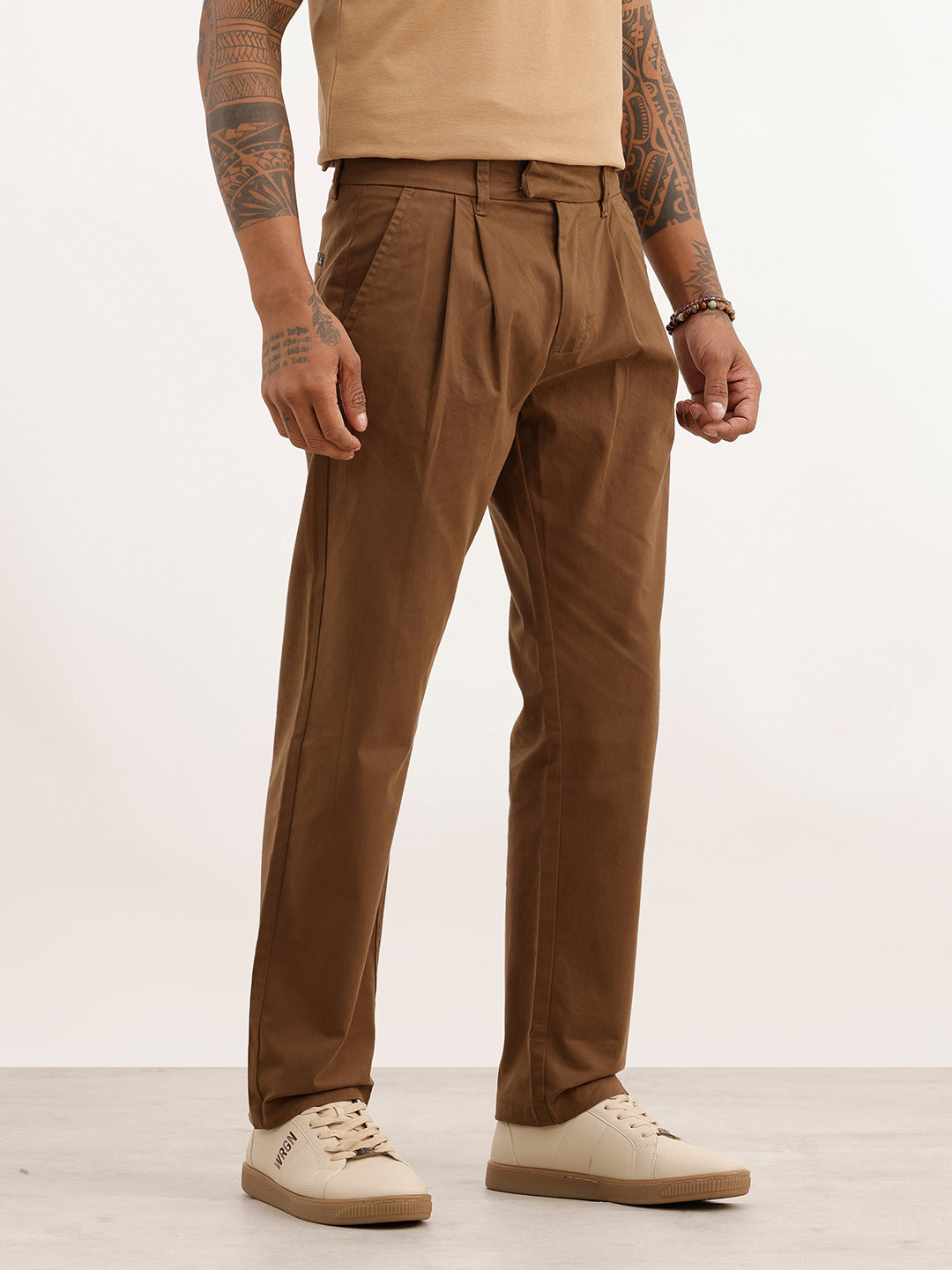 Solid Anti Fit Double Pleated Trouser | Brown