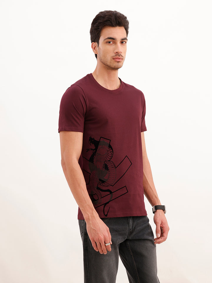 3D Flock Placement Printed T-Shirt | Wine