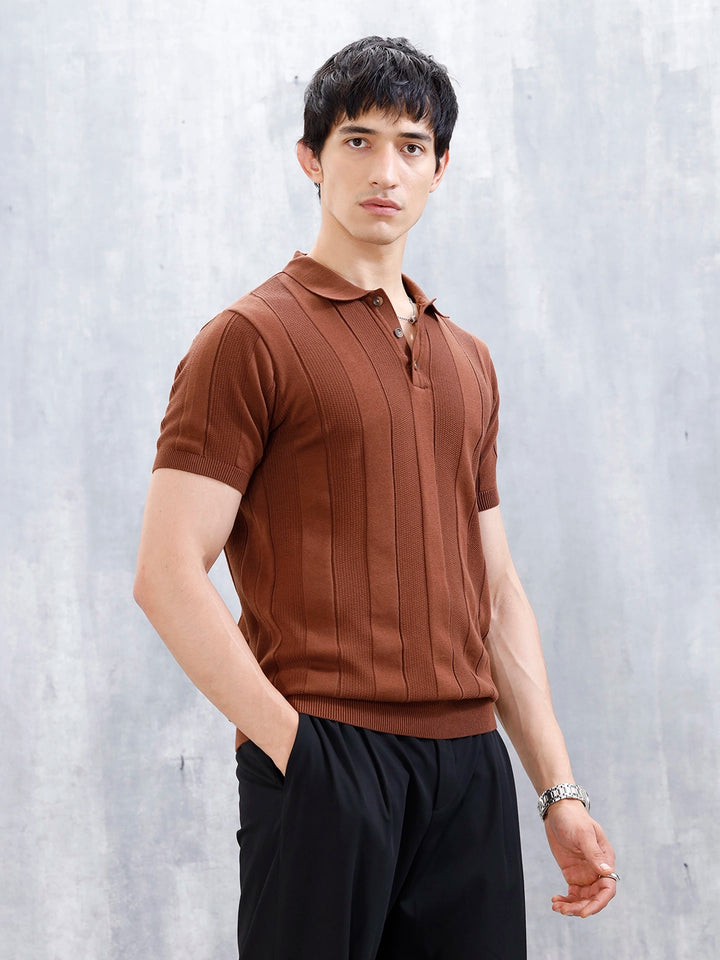 Classic Flat Knit Textured Polo T-Shirt For Men | Brown