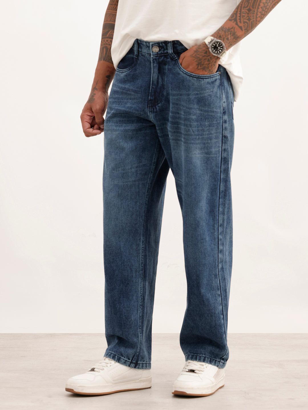 Loose Fit Faded Denim Jeans | Blue