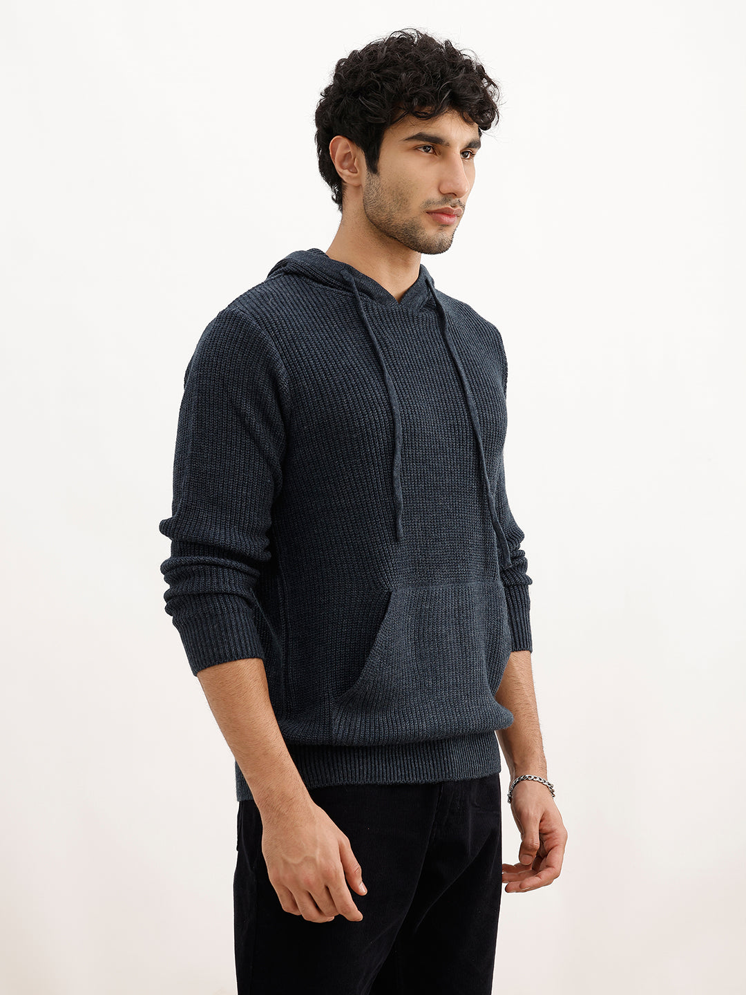 Solid Regular Fit Knitted Hooded Sweater | Blue