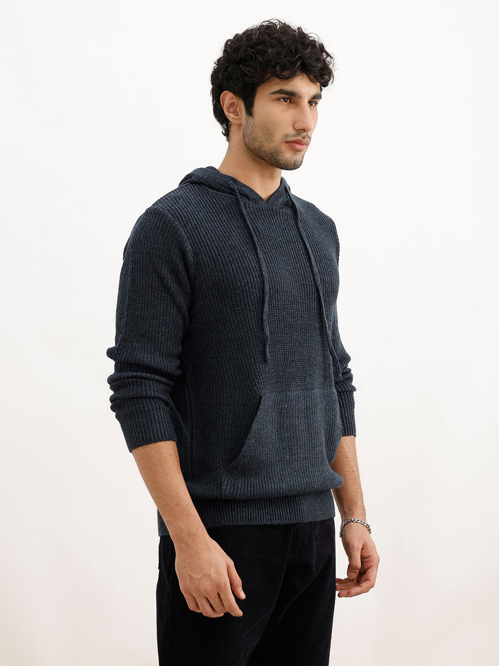 Solid Regular Fit Knitted Hooded Sweater | Blue