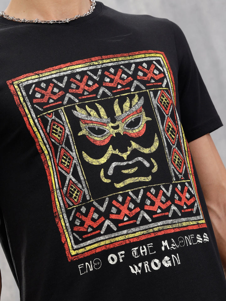 Mythical Face Graphic Crew Neck T-Shirt In Slim Fit  |  Black