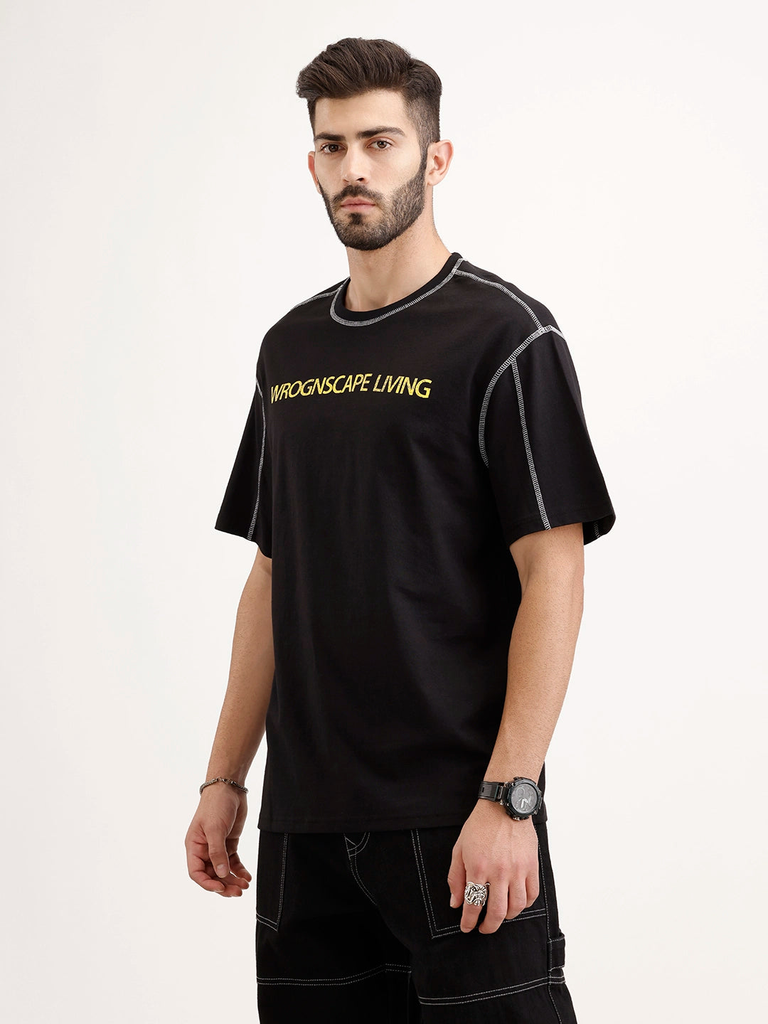 Oversized Placement Printed T-Shirt | Black