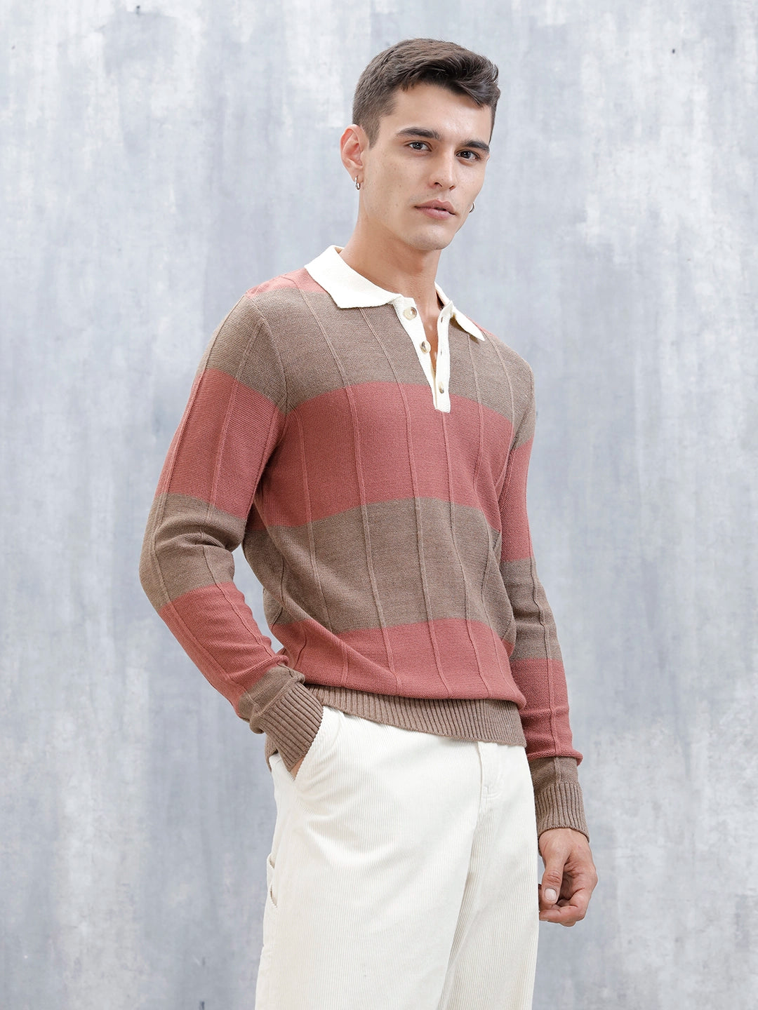 Men's Striped Polo Collar Sweater | Brown