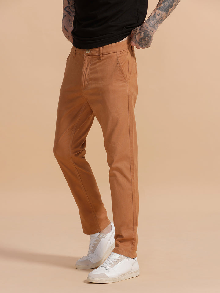Cotton Blend Chino Trouser | Brown