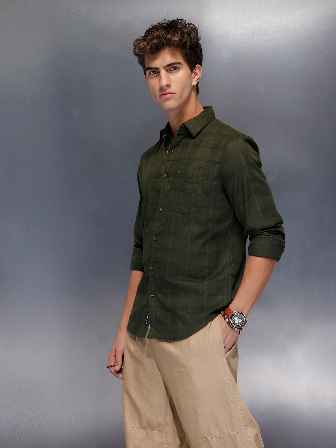 Men’s Dark Green Subtle Check Shirt | Olive