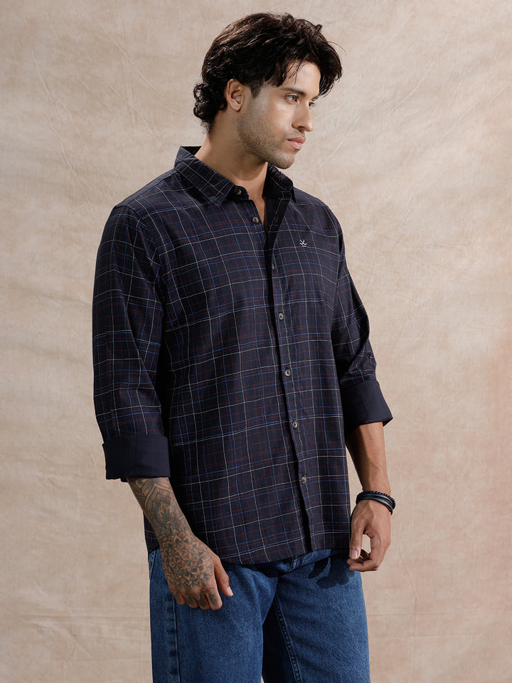 Printed Checked Regular Fit Shirt  | Navy Blue