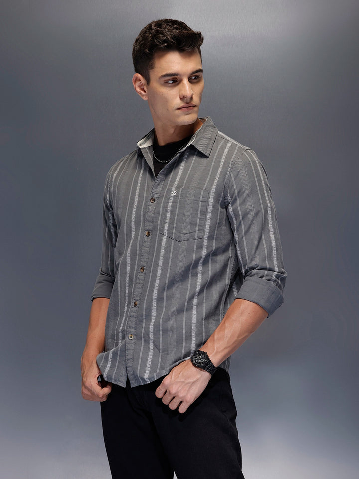 Men's textured vertical striped casual shirt | Dark Grey