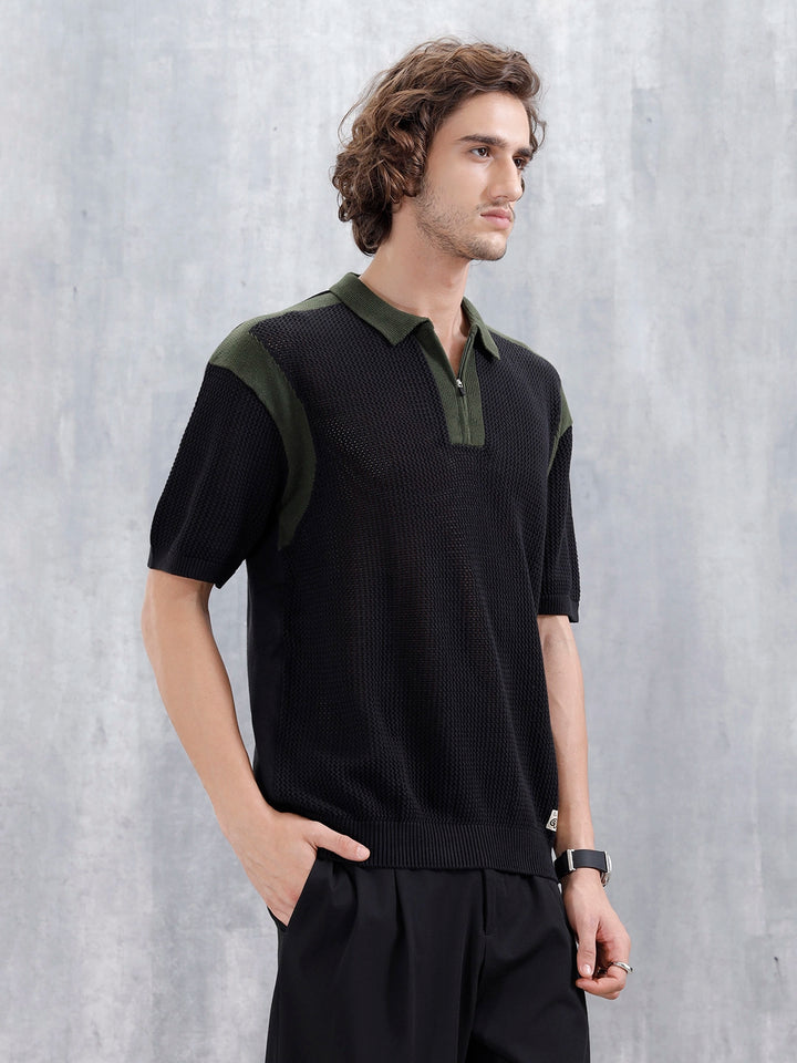 Casual Men Oversized Fit Flat Knit Polo T-shirt With Zipper | Black