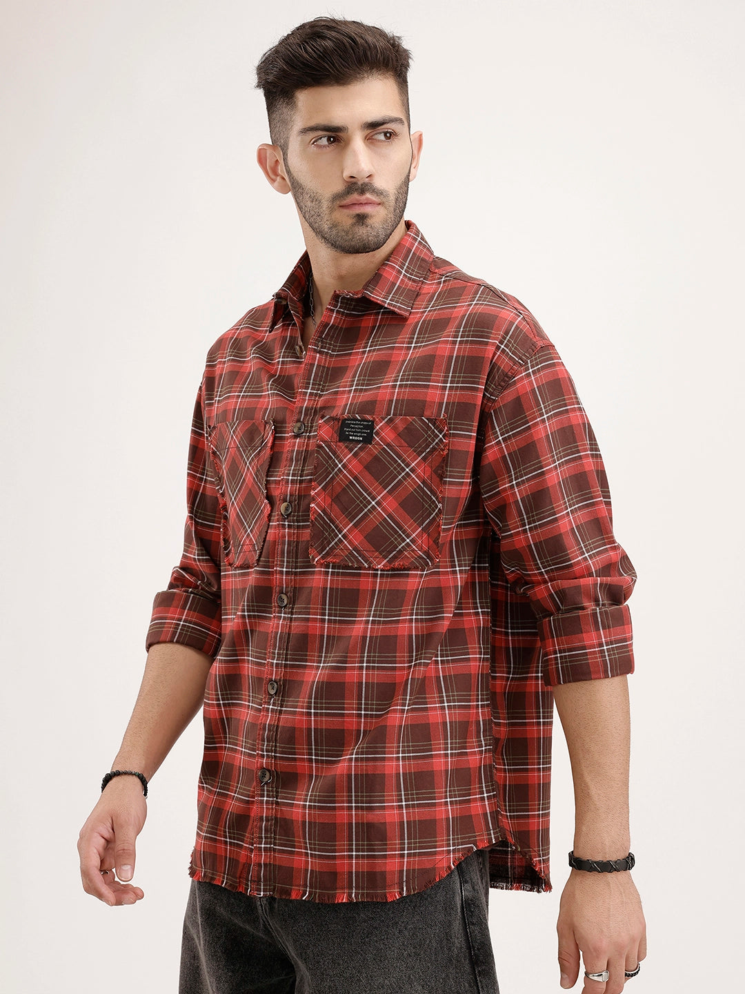 Oversized Raw Edge Double Pocket Checkered Shirt | Brown