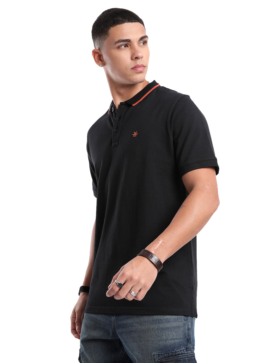 Solid Black  And Orange Tipping Polo T-Shirt