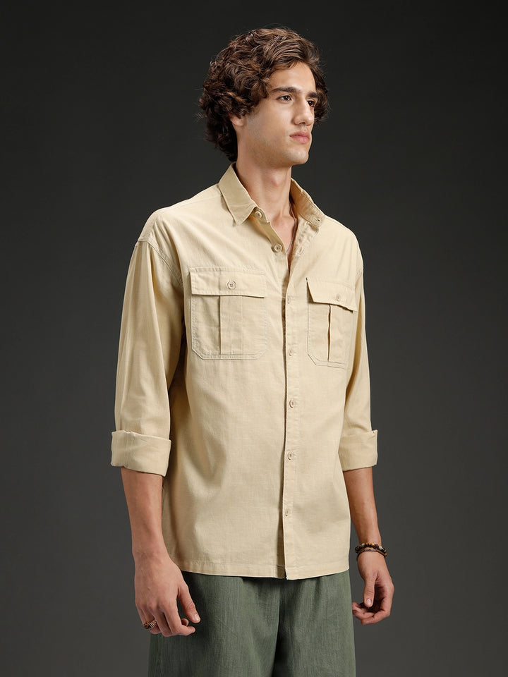 Men's casual oversized fit double pocket shirt  | Khaki