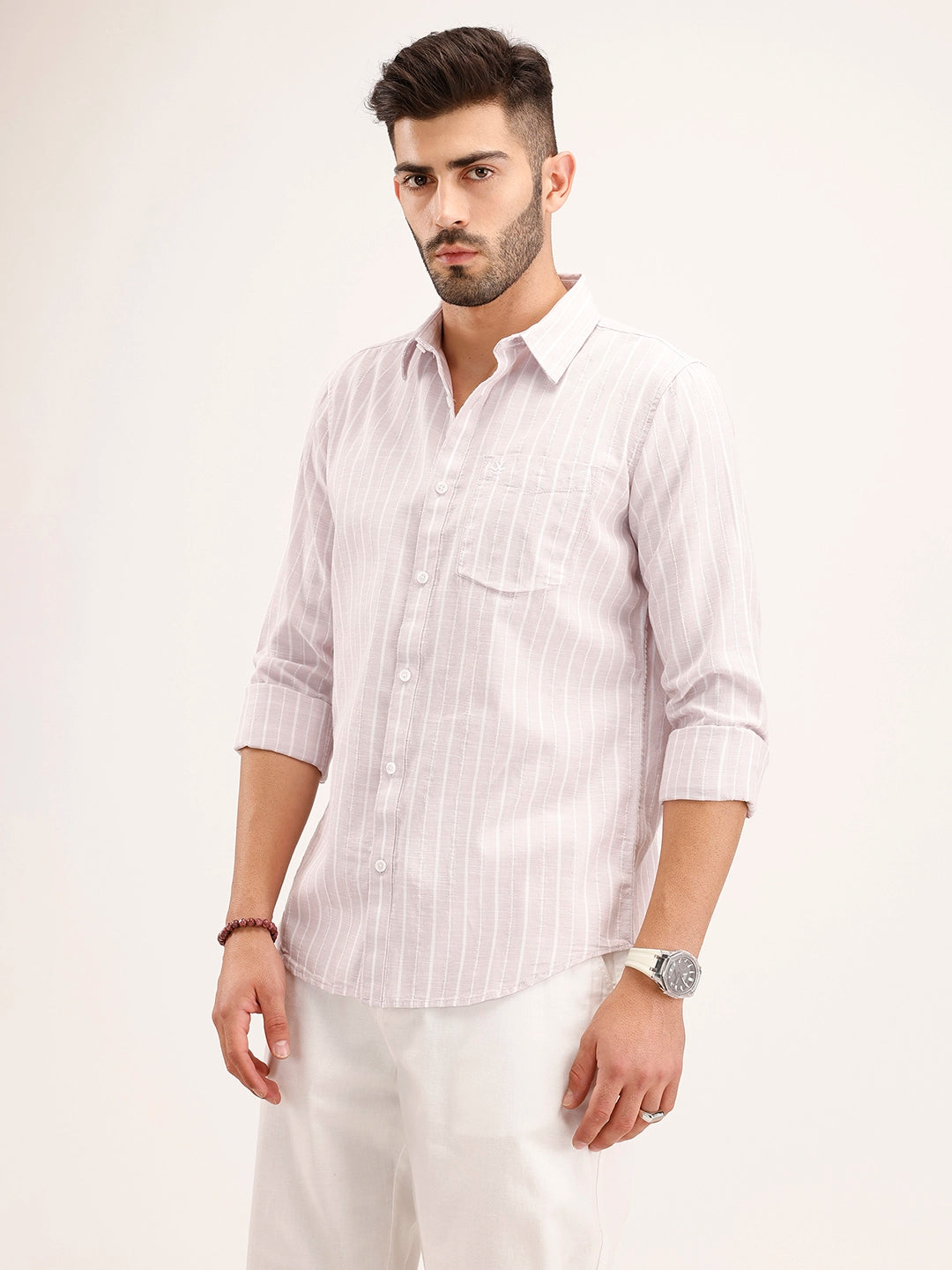 Textured Slim Fit Striped Shirt | Pink
