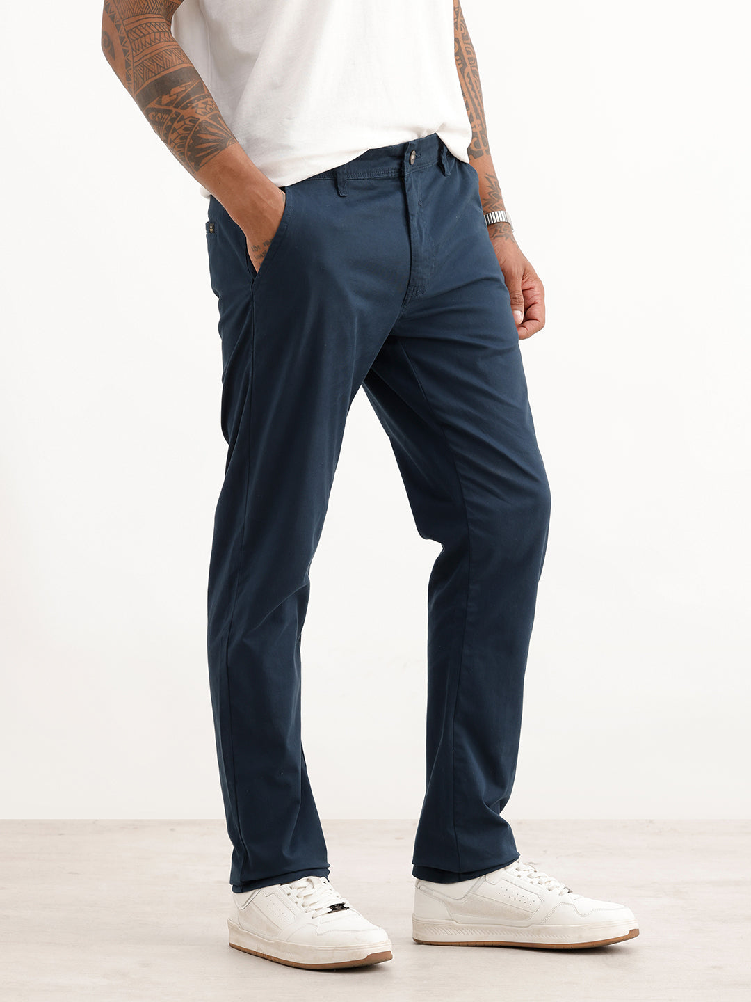 Solid Slim Fit 100% Cotton Trouser | Navy Blue