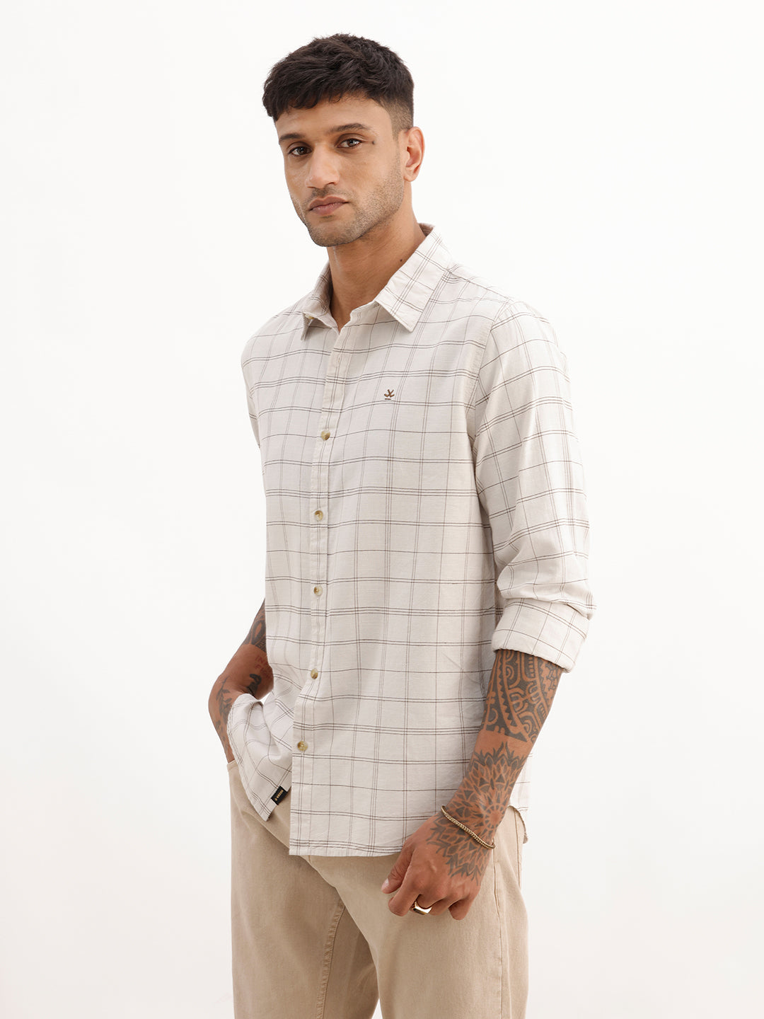 Slim Fit Checkered Full Sleeve Shirt | Beige