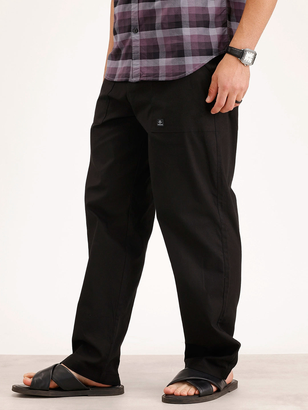 Solid Patch Denim Trousers | Black