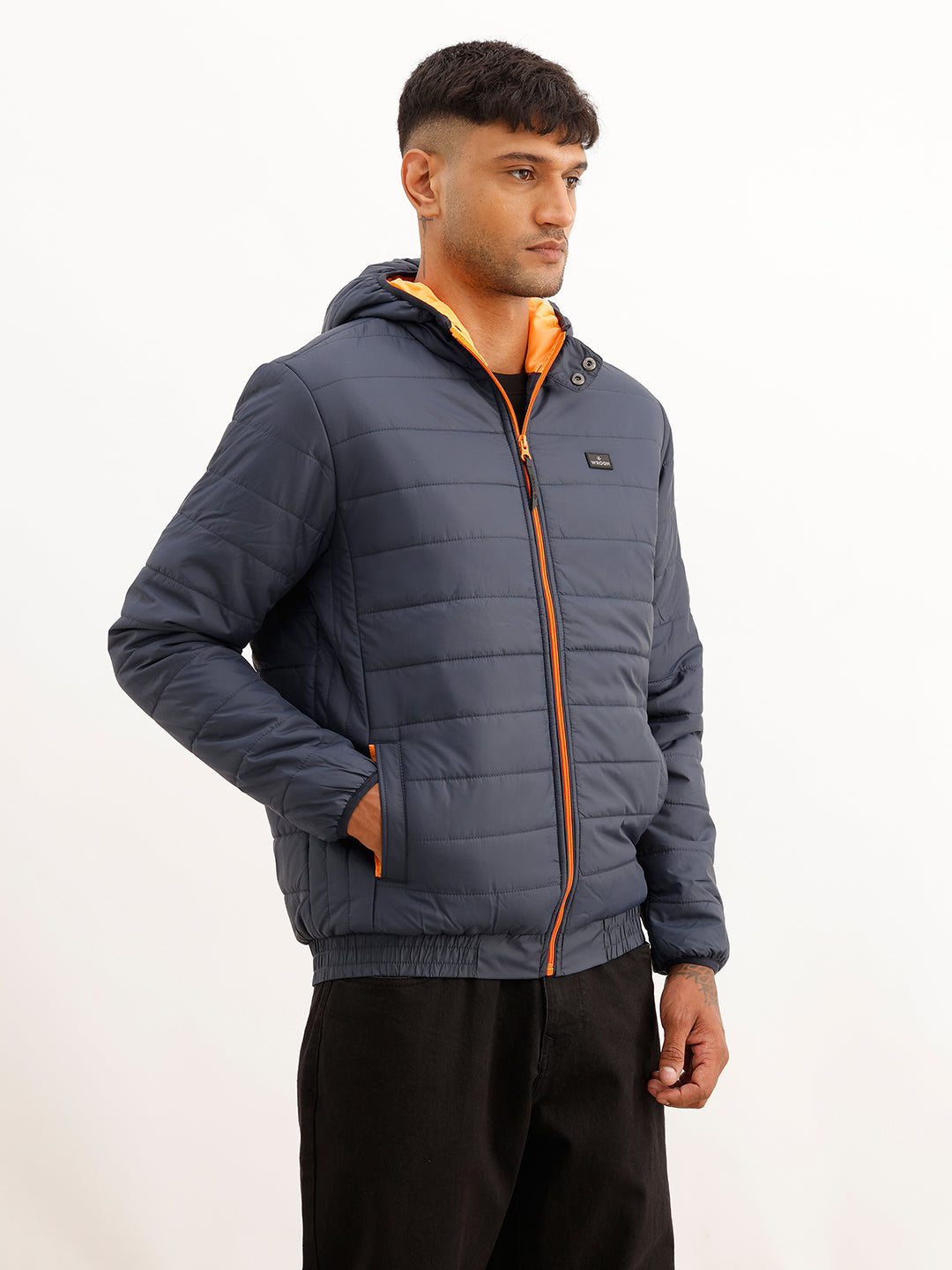 Solid Regular Fit Puffer Jacket | Navy Blue