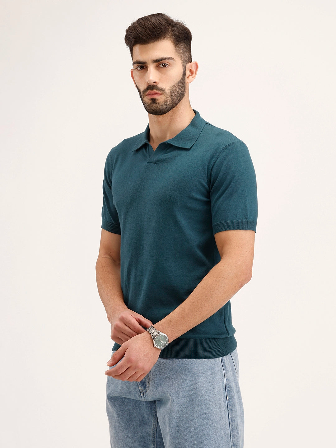 Slim Fit Flat Knit Polo T-Shirt | Teal