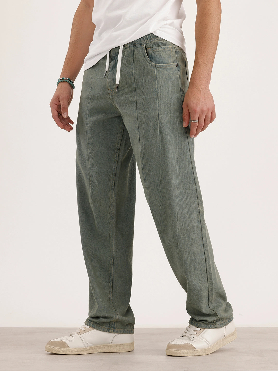 Loose Fit Pleated Denim Jeans | Olive