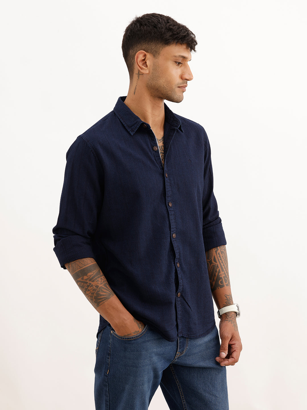 Textured Slim Fit Full Sleeve T-Shirt | Navy Blue
