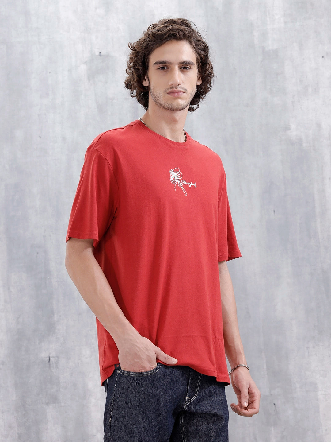 Men's Casual Emboridered Oversized Fit T-Shirt | Red