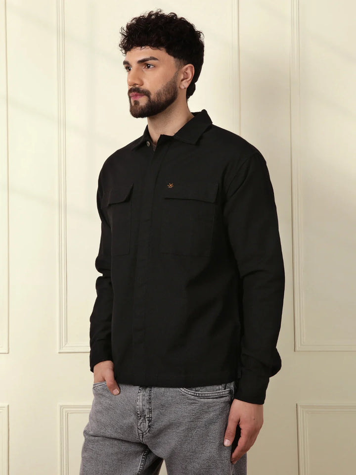 Solid Regular Fit Shacket | Black
