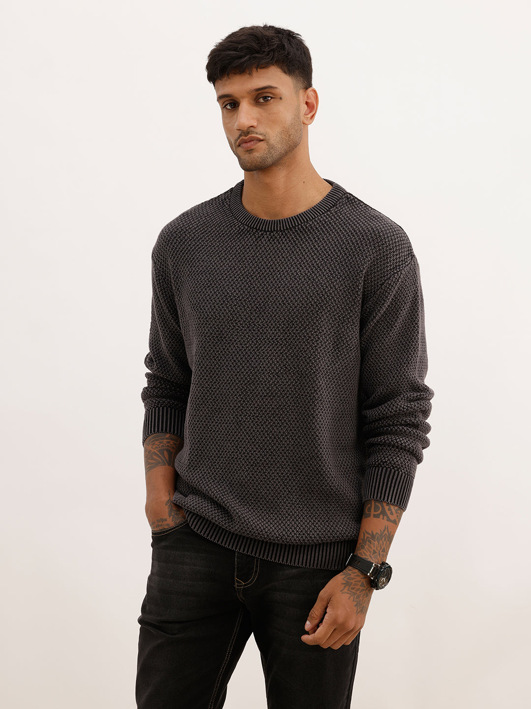 Solid Comfort Fit Knitted Sweater | Black | WSW02FSCM1273S